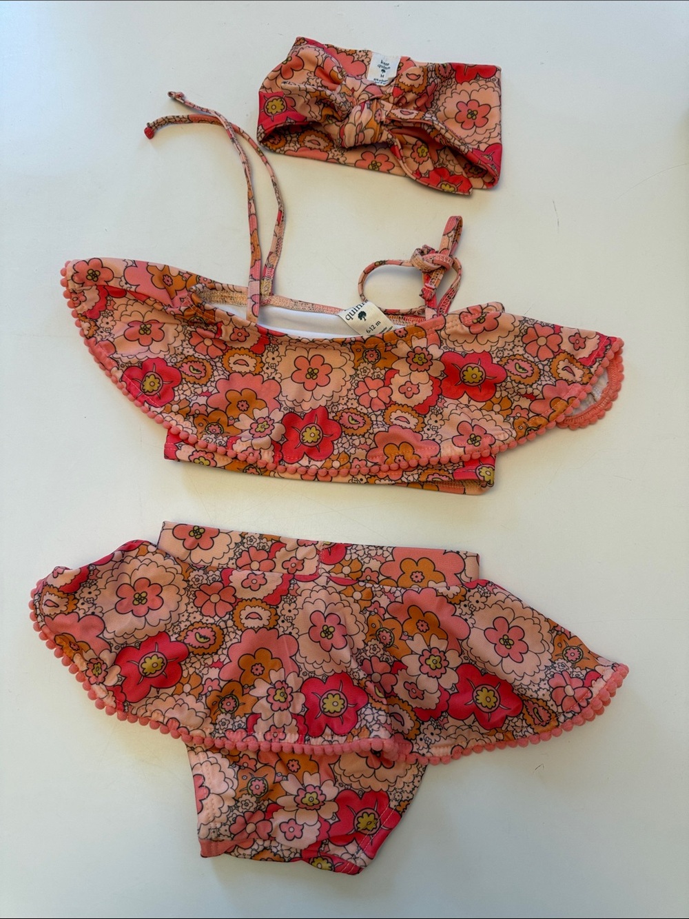 kate quinn Pink and Orange Floral Kids Bikini Set with Headband